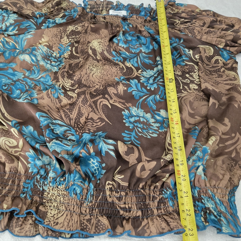 Dressbarn Satin Floral Blouse Brown Blue Paisley Cottagecore 3/4‎ Sleeve Sz 1X - Picture 11 of 11